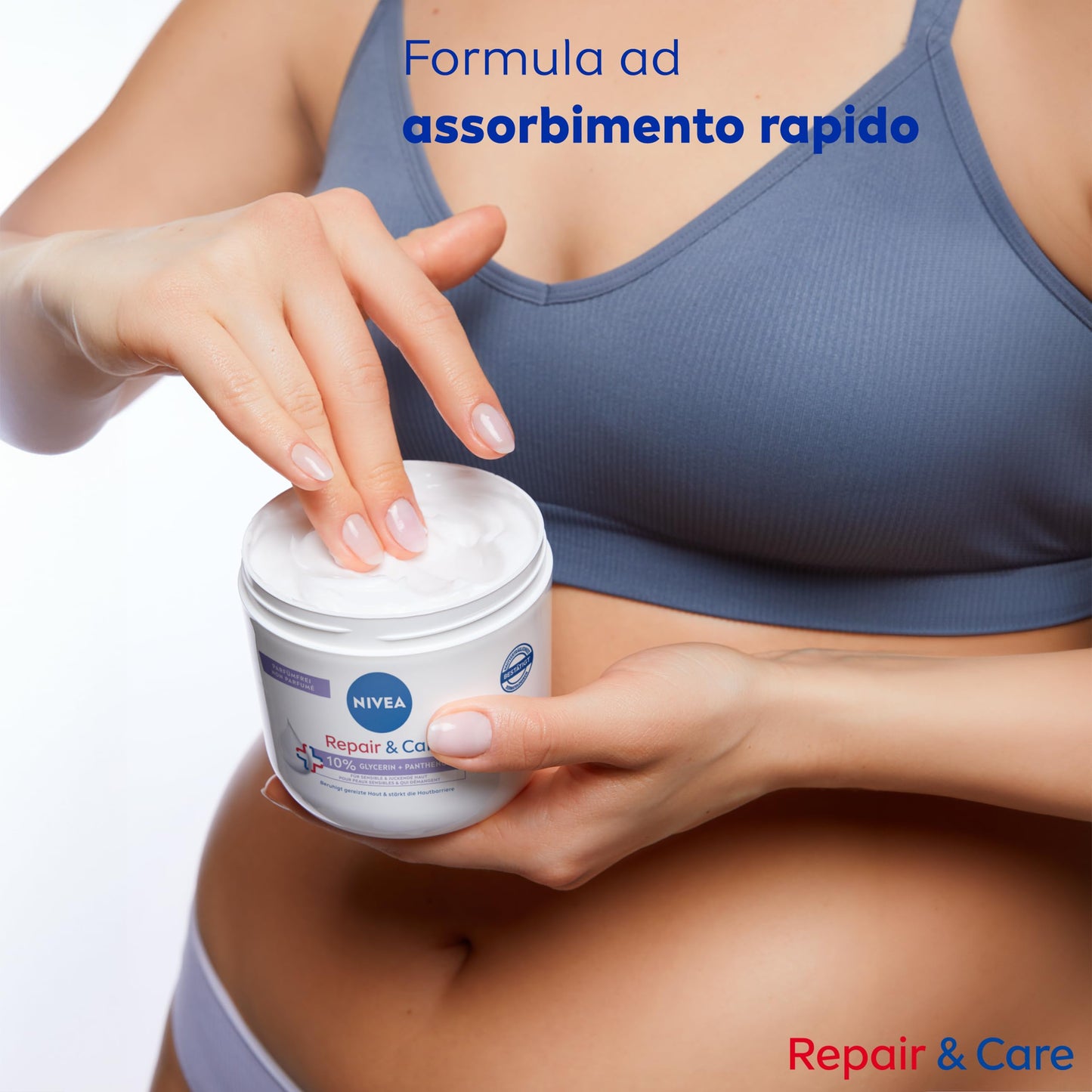 NIVEA Crema Corpo Repair & Care 400 ml, Crema multiuso senza profumo per pelle sensibile e irritata, Crema corpo, viso e mani ad assorbimento rapido arricchita con Pantenolo e Glicerina