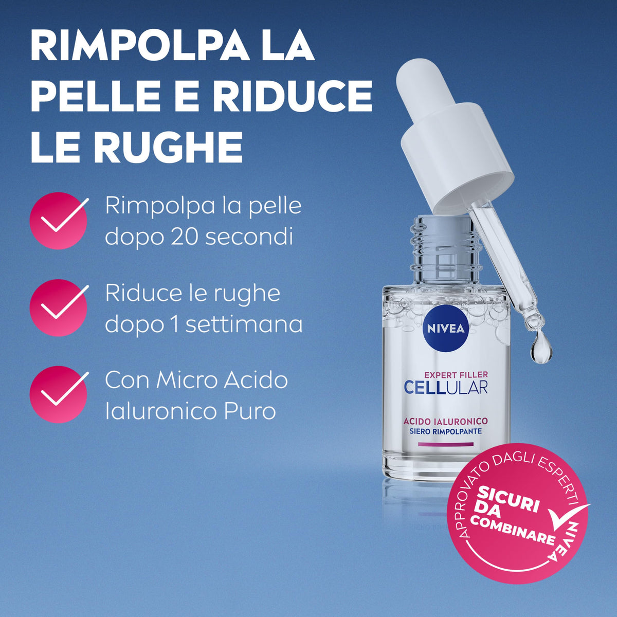 NIVEA Cellular Expert Filler Siero Viso Acido Ialuronico Rimpolpante 15 ml, Siero viso antirughe e rassodante, Face serum con Micro Acido Ialuronico Puro per una pelle levigata e rimpolpata