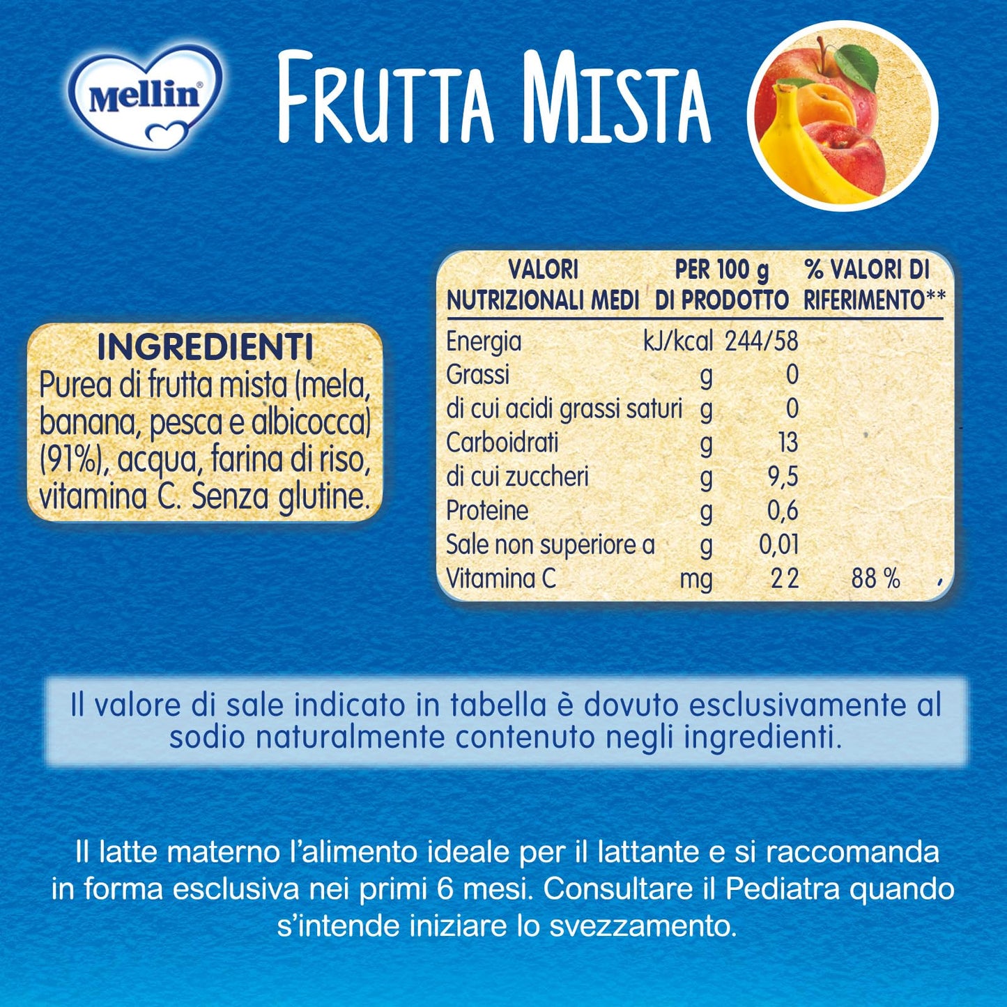 Mellin Omogeneizzato Di Frutta Mista, Naturale, 100 g, Confezione da 24
