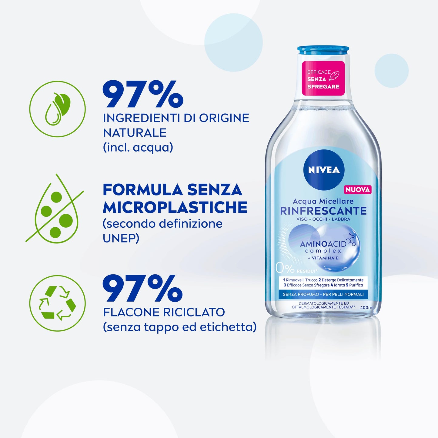 NIVEA MicellAIR 5in1 Acqua Micellare Rinfrescante 400 ml, Struccante viso e occhi con complesso micellare senza risciacquo, Detergente viso, occhi e labbra per pelli normali