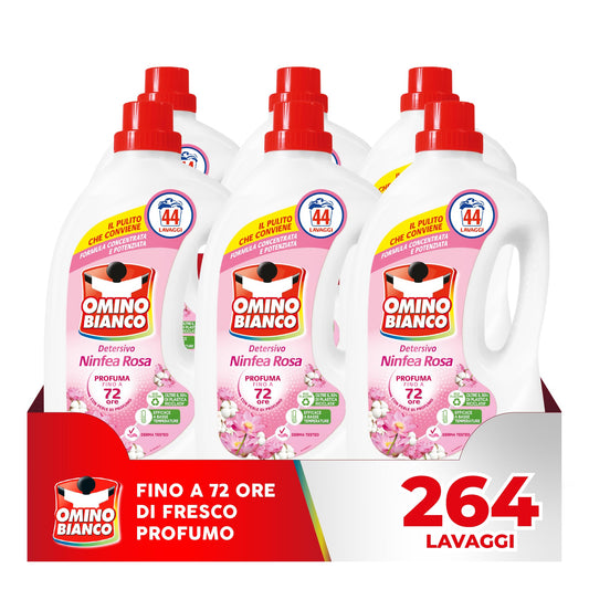Omino Bianco - Detersivo Lavatrice Liquido, 264 Lavaggi, Rispetta Colori e Tessuti, Fresco Profumo di Ninfea Rosa, 1760 ml x 6 Confezioni