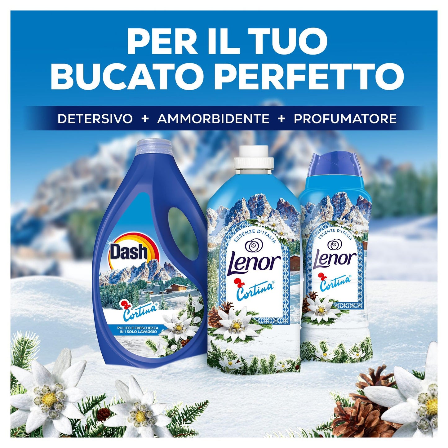 Lenor Ammorbidente Lavatrice Concentrato, 87 Lavaggi, Champions Edition, Cortina, Stella Alpina e Muschio Bianco, Profumo autentico di lunga durata