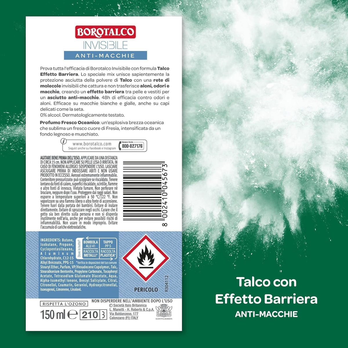 Borotalco, Deodorante Spray Invisibile Azzurro, Formula Senza Alcool con Talco Effetto Barriera, Cattura e Non Trasferisce Aloni, 48h di Efficacia, Profumo Fresco Oceanico - 1 Flacone da 150 ml