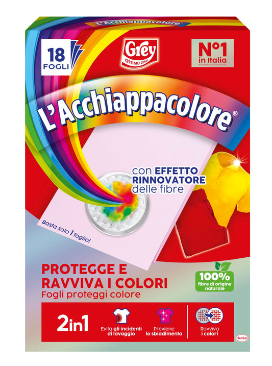 Grey L'Acchiappacolore 2in1 Protegge e Ravviva i Colori, Fogli Cattura Colore e Proteggi Colore, Confezione da 18 fogli