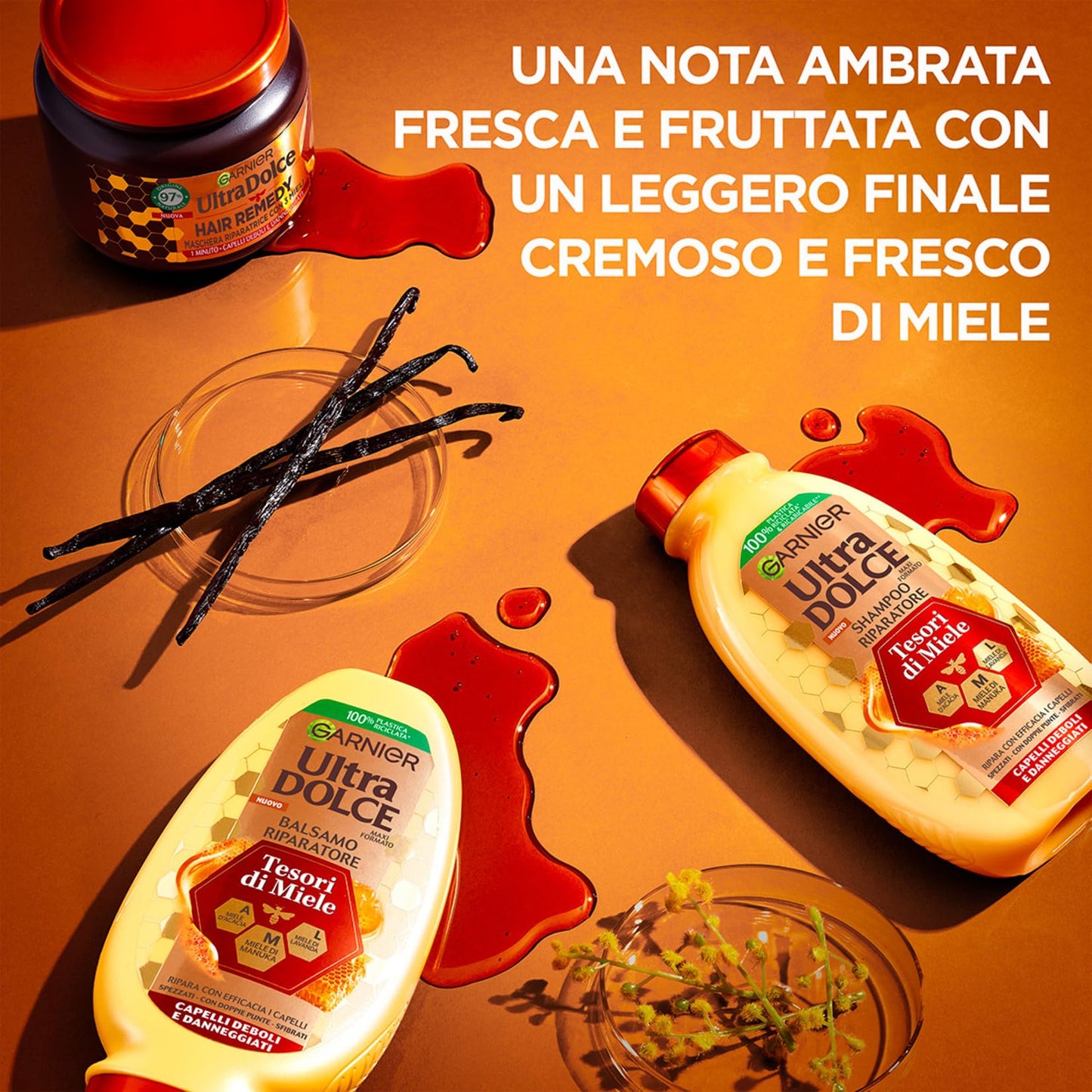 Garnier Ultra Dolce Tesori di Miele, Multipack Shampoo Riparatore, 94% Origine Naturale, Per Capelli Danneggiati, Senza Siliconi, Confezione da 6 x 300ml