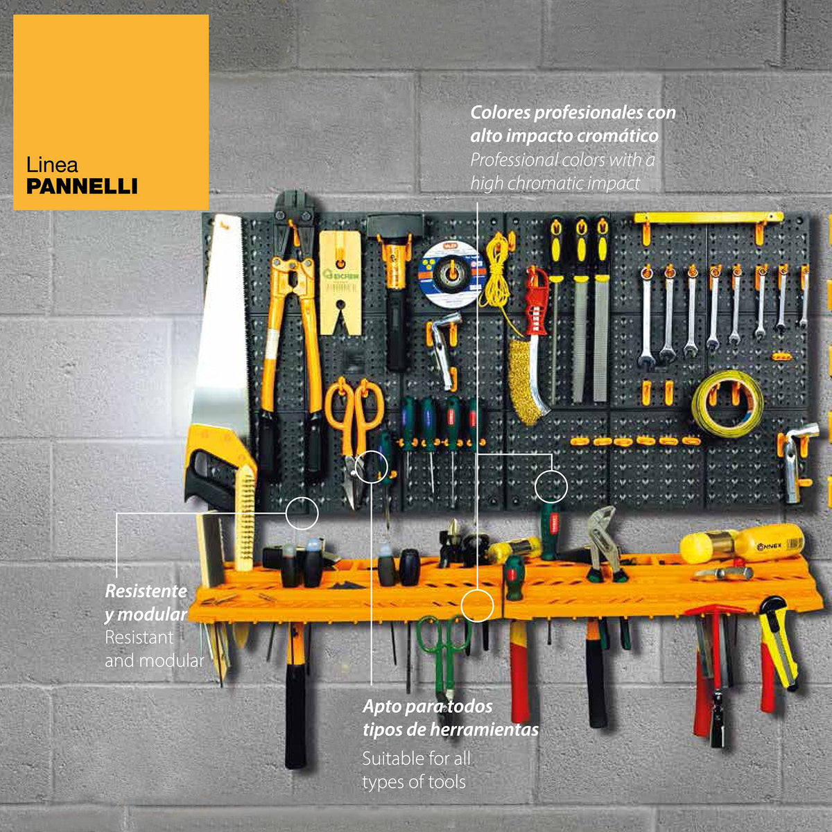 Art Plast Kit due pannelli per attrezzi 50x50 cm completi di due mensole e 50 ganci assortiti, in plastica, nero/arancione