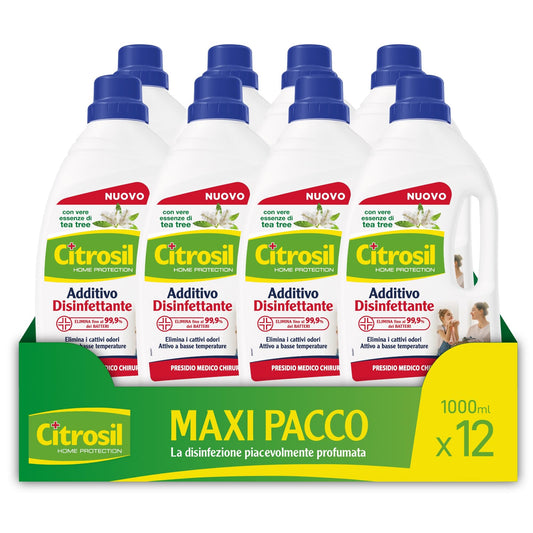 Citrosil - Additivo Disinfettante Liquido per Lavatrice e Bucato a Mano, con Vere Essenze di Tea Tree, Azione Igienizzante e Disinfettante, Adatto per Capi Bianchi e Colorati, 1000 ml x 12 Confezioni