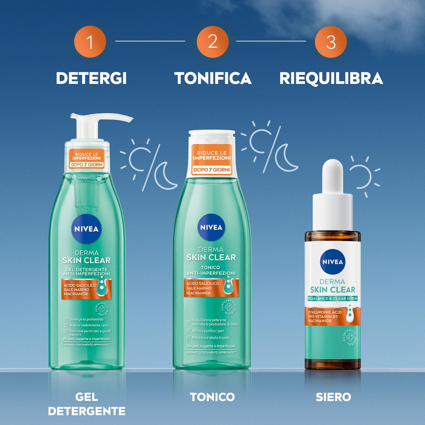NIVEA Derma Skin Clear Tonico Anti-Imperfezioni 200 ml, Tonico viso pelle grassa e mista con Acido Salicilico, Sale Marino e Niacinamide, Tonico viso riequilibrante per la cura della pelle