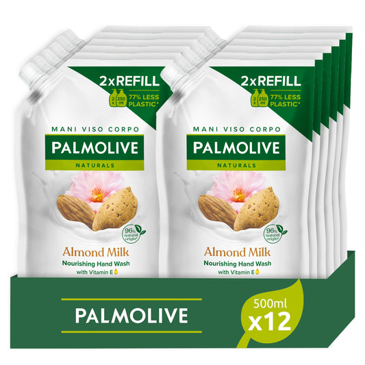 Palmolive Ricarica Sapone Liquido Mani Latte e Mandorla 500 ml x 12 I Formula Delicata I Eco Ricarica I Contribuisce a ridurre la quantità di rifiuti plastici I Vegano I Dermatologicamente testato