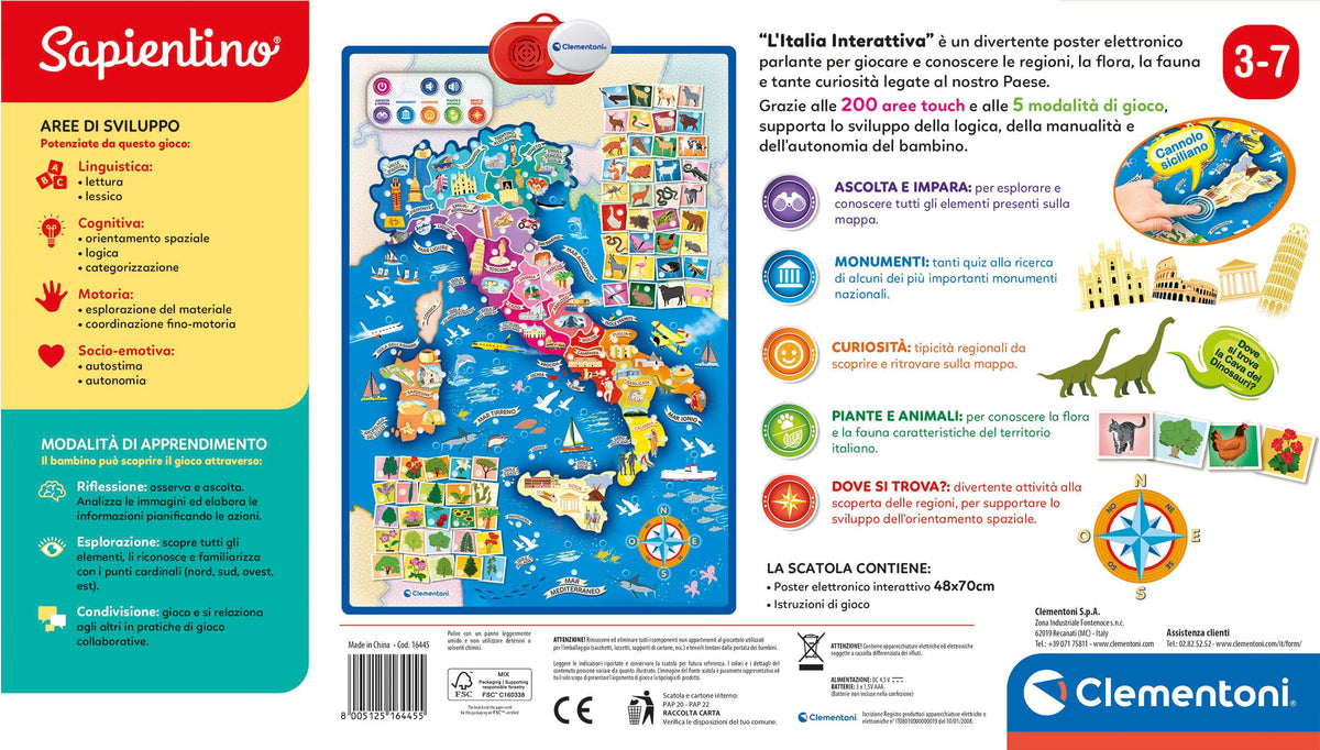 Clementoni Sapientino - Italia Interattiva, Gioco Educativo Bambini 3-7 Anni, Mappa Parlante, Poster Elettronico per Imparare la Geografia, 5 modalità di Gioco, 200 Touchpoint, Lingua Italiana, 16445