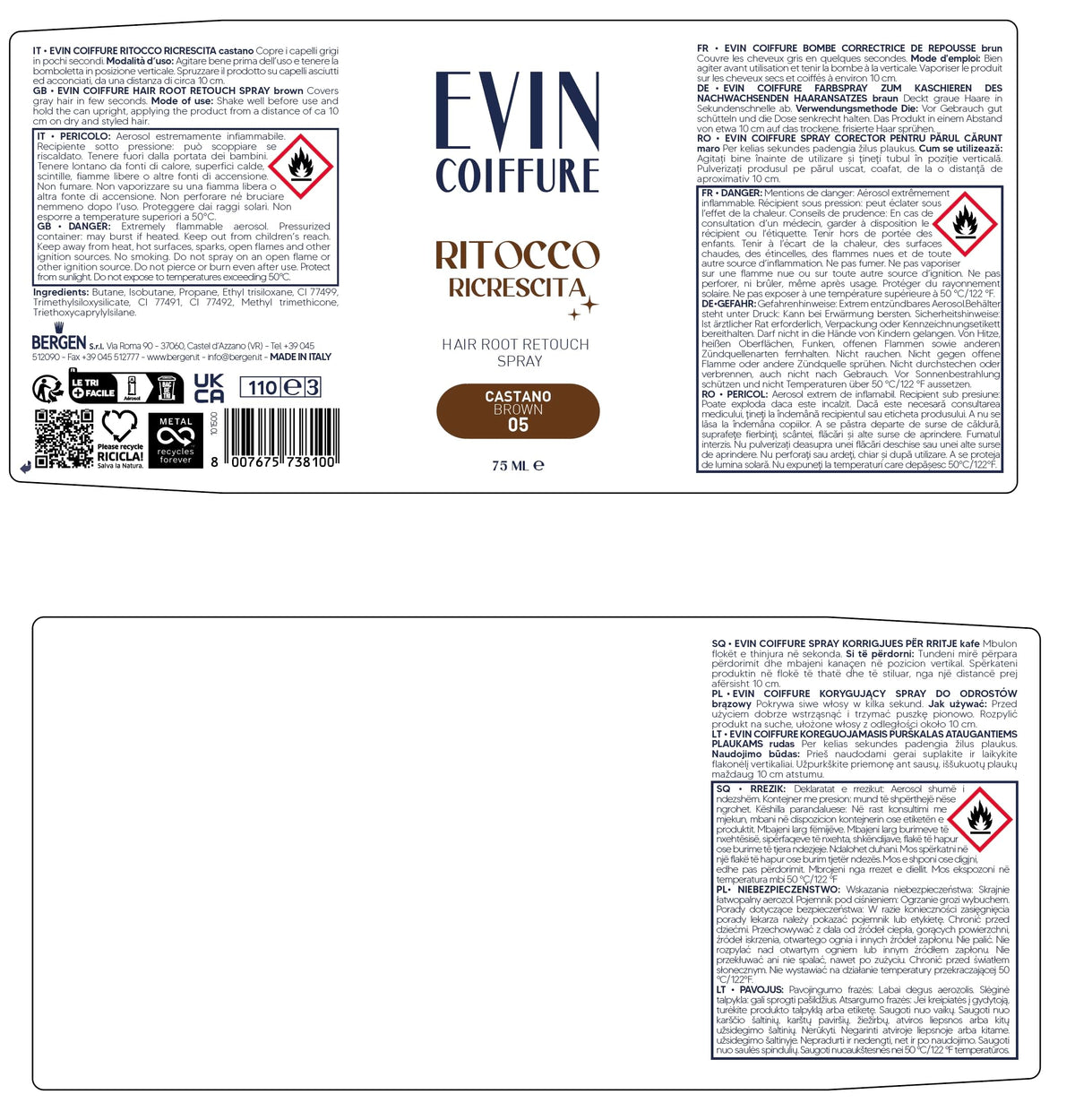 EVIN COIFFURE | Spray Ritocco Ricrescita Capelli 05 Castano, 75ml, Spray Correttore per Capelli, Facile Applicazione
