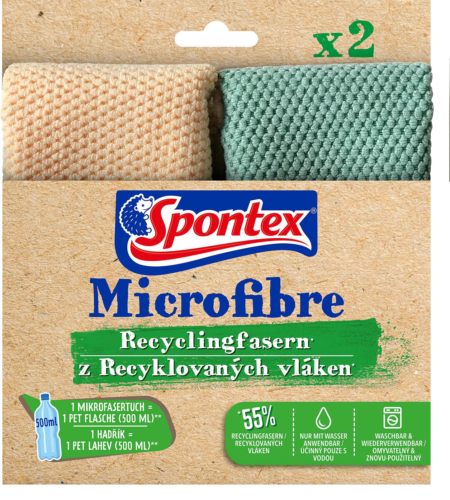 Spontex Microfibre riciclate, panni in microfibra con 55% fibre riciclate, alta assorbenza, multiuso, 30 x 30 cm, confezione da 2