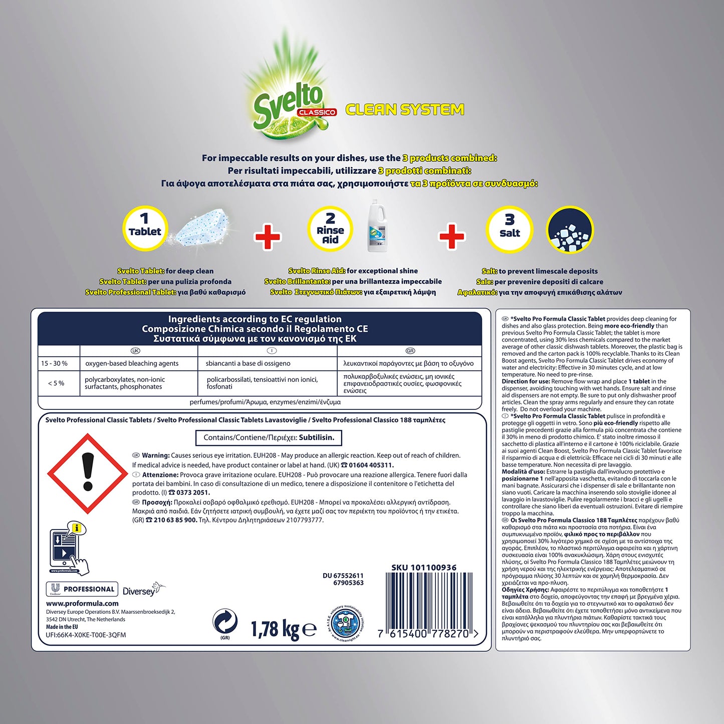 3x Svelto Professional Detersivo Classico in Pastiglie per Lavastoviglie Pro Formula Eco Detergente - 3 Confezioni da 188 Tabs ciascuna