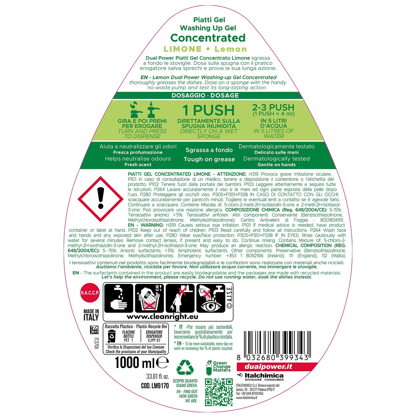 Dual Power Piatti Gel Limone, Detergente Piatti Concentrato ad Elevato Potere Sgrassante, Ideale per Stoviglie Incrostate, Azione Anti Odore, Made in Italy, 6 Dispenser da 1 L