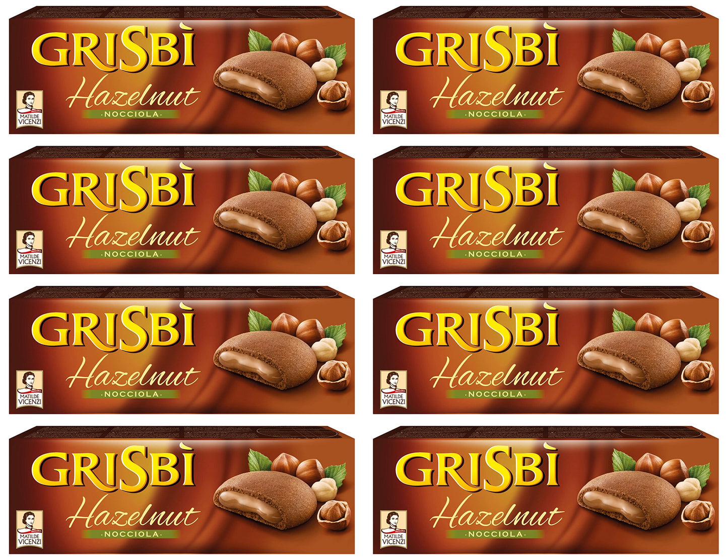 Vicenzi: Biscotti Frolla Italiana "Grisbi Hazelnut" ripieni di Crema di Nocciola 150 g Confezione da 8