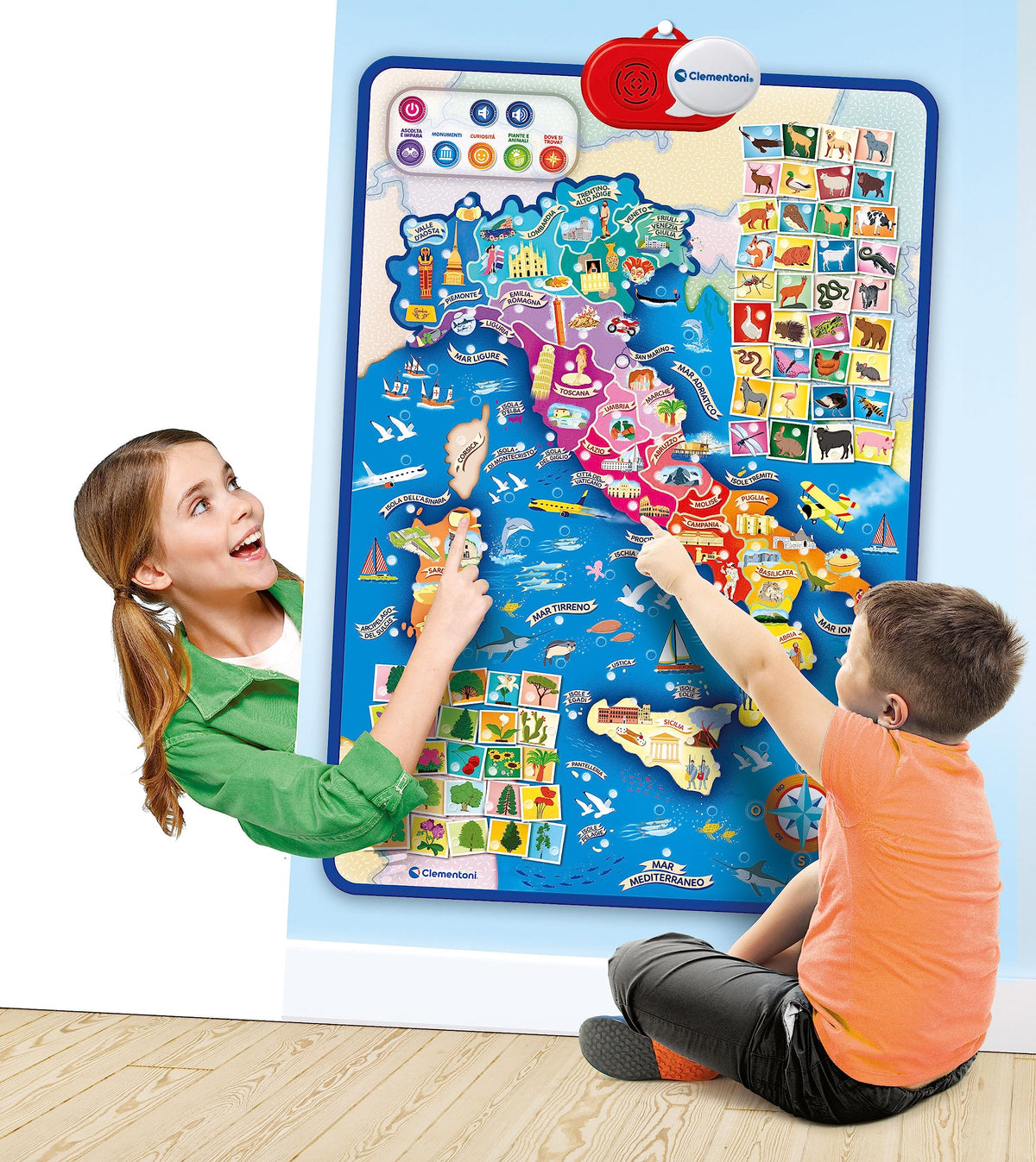 Clementoni Sapientino - Italia Interattiva, Gioco Educativo Bambini 3-7 Anni, Mappa Parlante, Poster Elettronico per Imparare la Geografia, 5 modalità di Gioco, 200 Touchpoint, Lingua Italiana, 16445