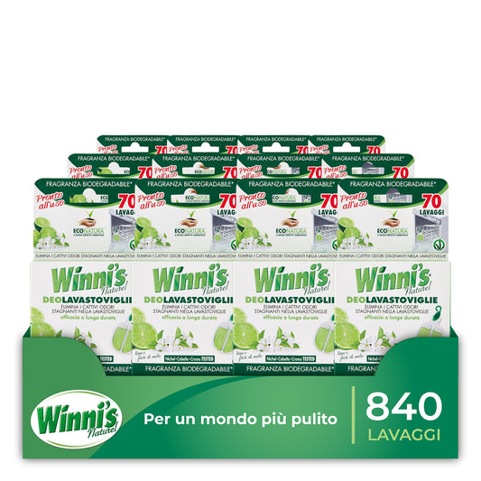 Winni's - Deodorante per Lavastoviglie , 840 Lavaggi, Elimina i Cattivi Odori, Fragranza Lime e Fiori di Mela, con Materie Prime di Origine Vegetale e Bio, 12 Confezioni