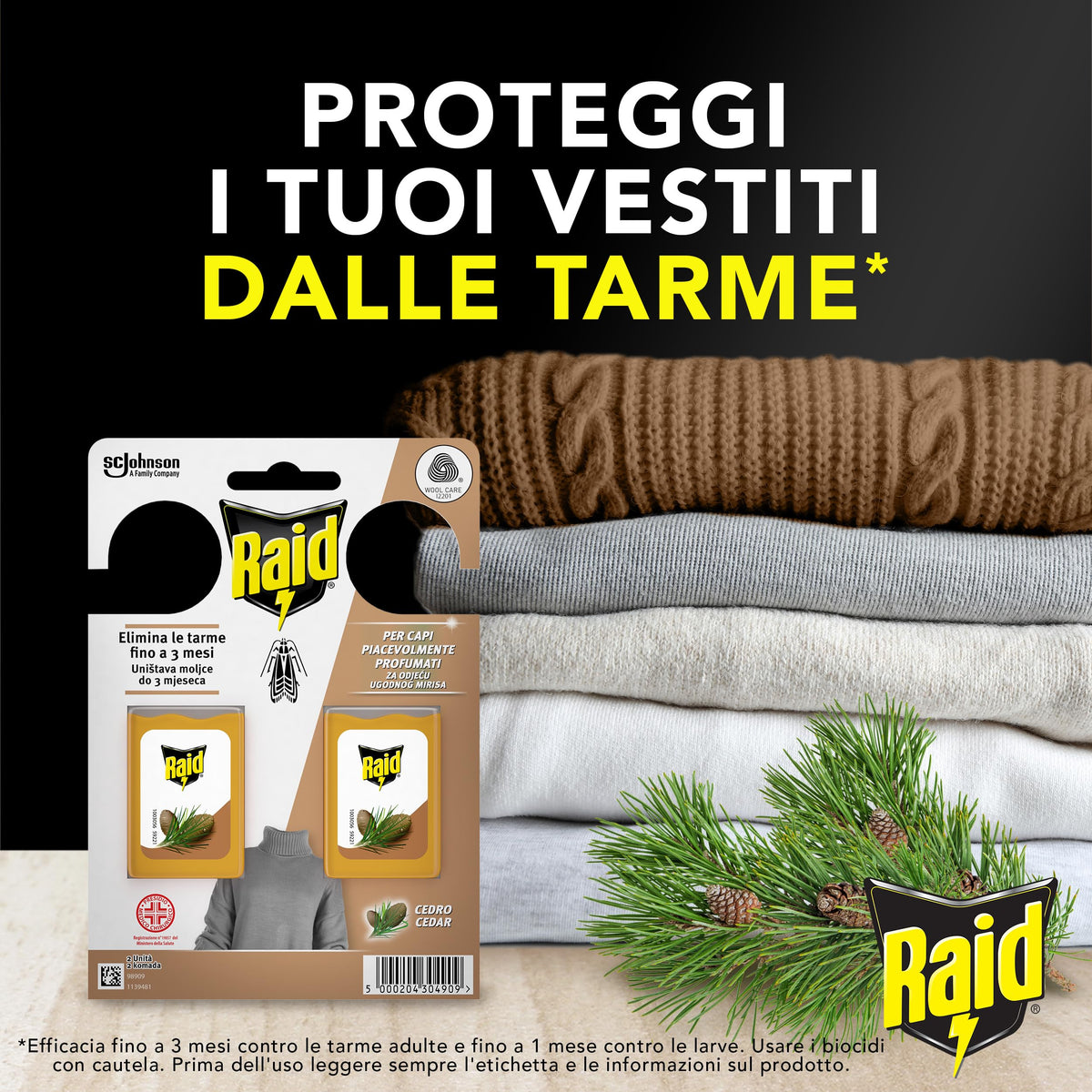 Raid Anti Tarme Gel Vestiti, Per Capi Piacevolmente Profumati, Fragranza al Cedro, 2 Pezzi