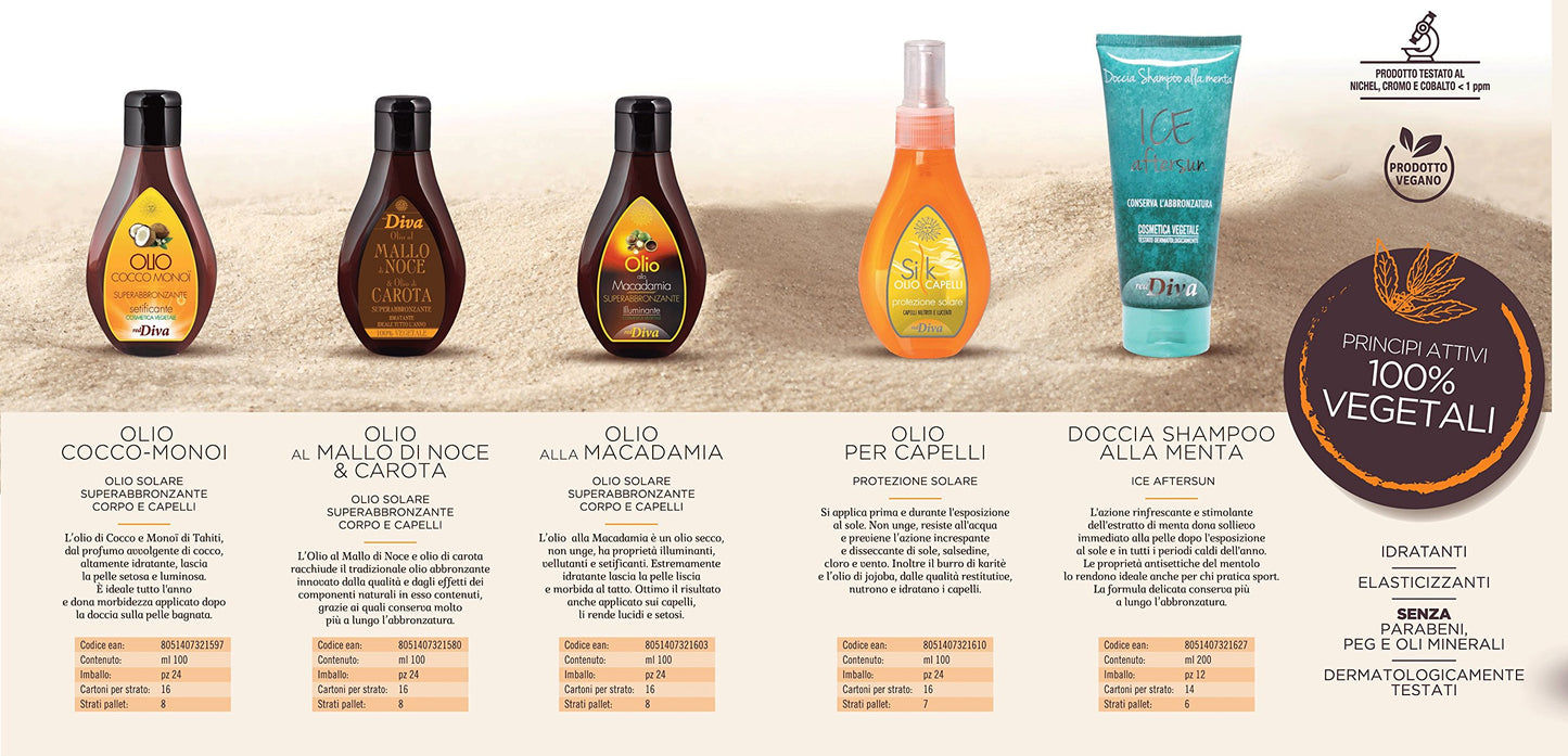Diva - Olio solare super abbronzante, a base di cocco e monoi di Tahiti, 100% vegetale, vegano, senza paraffina, petrolati né parabeni, 100 ml