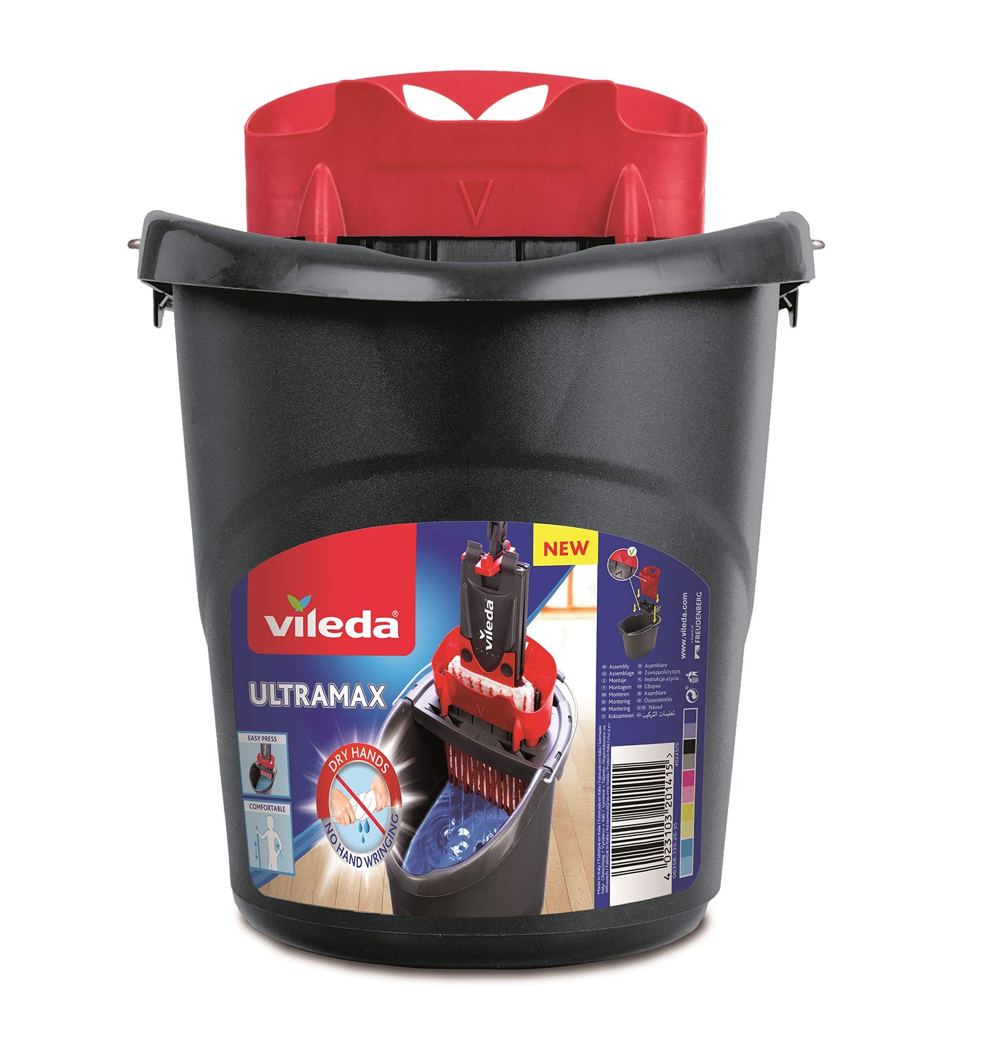 Vileda Seau Essoreur pour Balai 4023103201415 UltraMax Power Secchio e strizzatore-157648, Plastica, Nero e Rosso, 37 x 28 x 28 cm