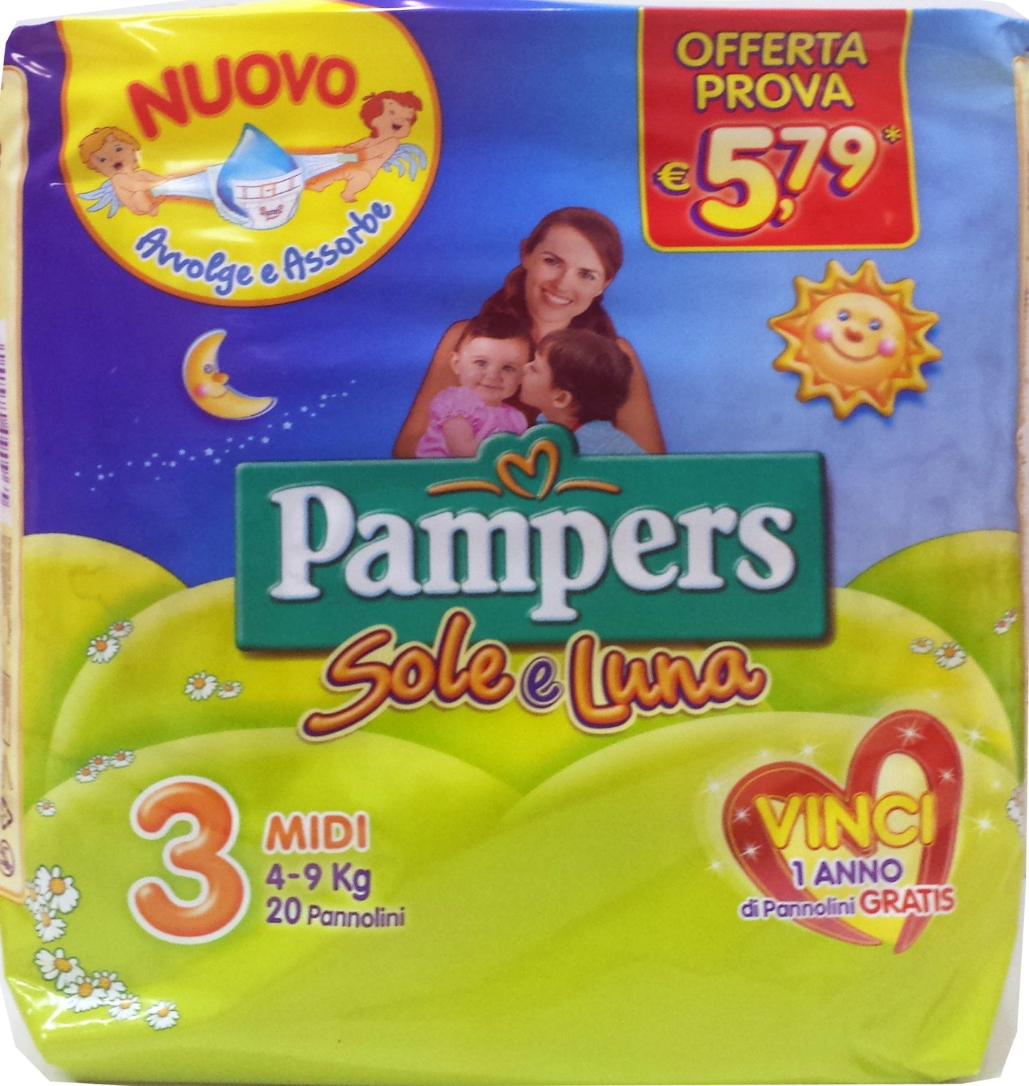 6 x PAMPERS Pannol.Bim.Sole&Luna Midi 4-9 Kg Taglia 3 20 Pz