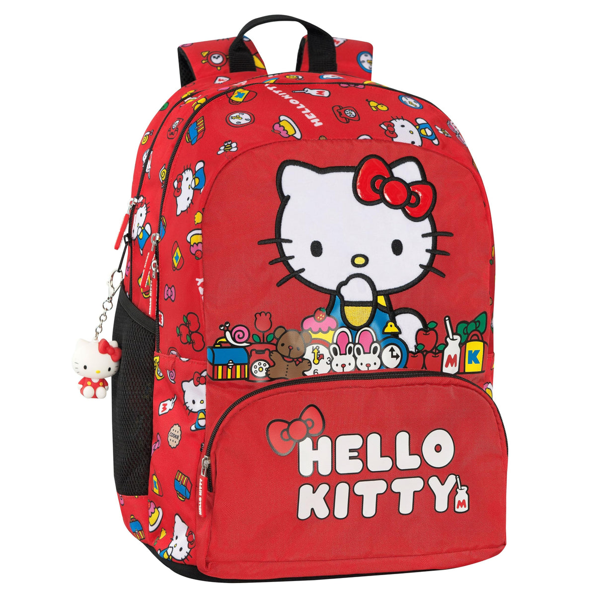 HELLO KITTY - Zaino Scuola Ufficiale Hello Kitty, 2 Ampi Spazi Centrali, Tasche Frontali e Laterali, Charm Staccabile, Spallacci Regolabili e Imbottiti, Schienale Termoformati, 32 x 43H x 23 cm, 31 L