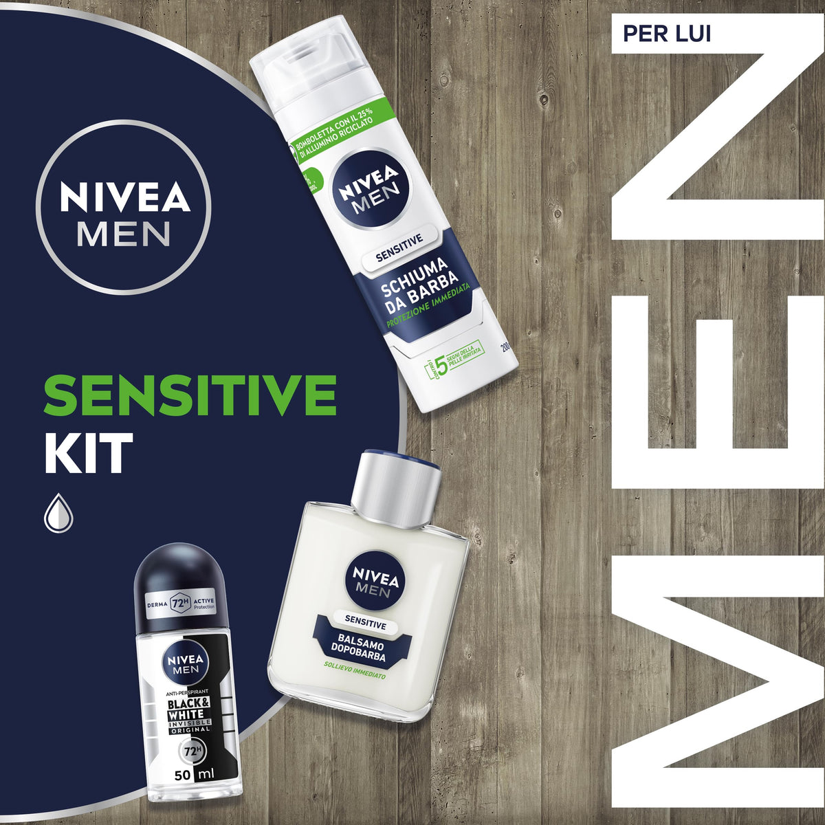 NIVEA MEN Sensitive Kit Cofanetto Regalo Uomo, Set regalo con Schiuma da Barba 200 ml, Balsamo Dopobarba 100 ml, Deodorante uomo Black & White 50 ml e Travel Bag omaggio inclusa