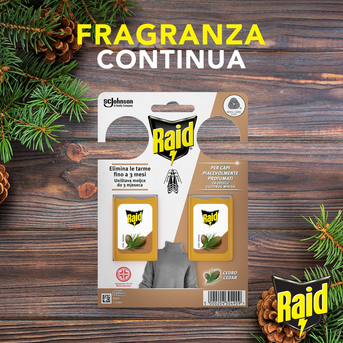 Raid Anti Tarme Gel Vestiti, Per Capi Piacevolmente Profumati, Fragranza al Cedro, 2 Pezzi