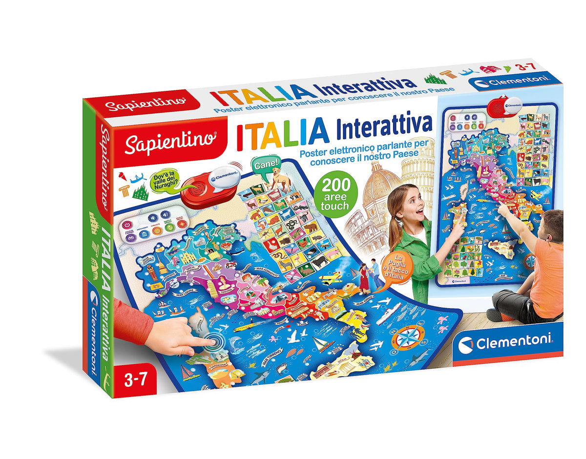 Clementoni Sapientino - Italia Interattiva, Gioco Educativo Bambini 3-7 Anni, Mappa Parlante, Poster Elettronico per Imparare la Geografia, 5 modalità di Gioco, 200 Touchpoint, Lingua Italiana, 16445