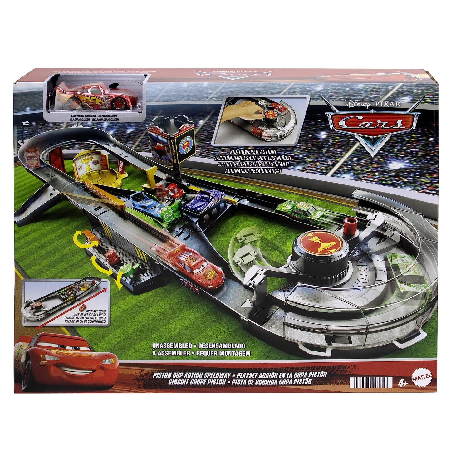 Mattel Disney Pixar CARS - Pista Azione Piston Cup, playset pista interattiva con macchinina die-cast Saetta McQueen inclusa, giocattolo per bambini, 4+ anni, HPD81
