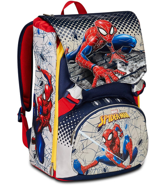 Seven Zaino Scuola Estensibile DISNEY - SPIDER-MAN WEBBED WONDER, Blu Rosso - Zaino Doppio Scomparto Sdoppiabile Tramite Zip e Con Tasca Porta Borraccia, Zaino Bambino - Marvel Merchandising