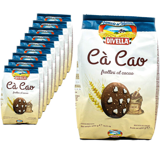 Divella Confezione da 10 Cà Cao frollini al cacao in confezione da 400 g Biscuits Chip Cookies Butter Biscotti con cacao e cristalli di zucchero impreziositi tradizionalmente italiani (dolciumi