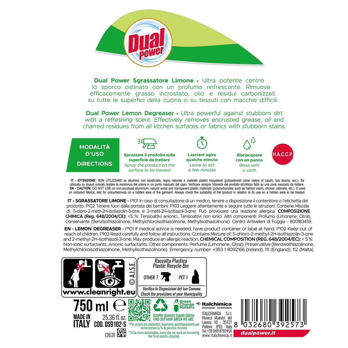 Dual Power, Sgrassatore Ultra Potente al Limone, Contro lo Sporco Ostinato, Rimuove Efficacemente Grasso, Olio e Residui Carbonizzati, non Lascia Aloni, Made in Italy, Confezione 750 ml