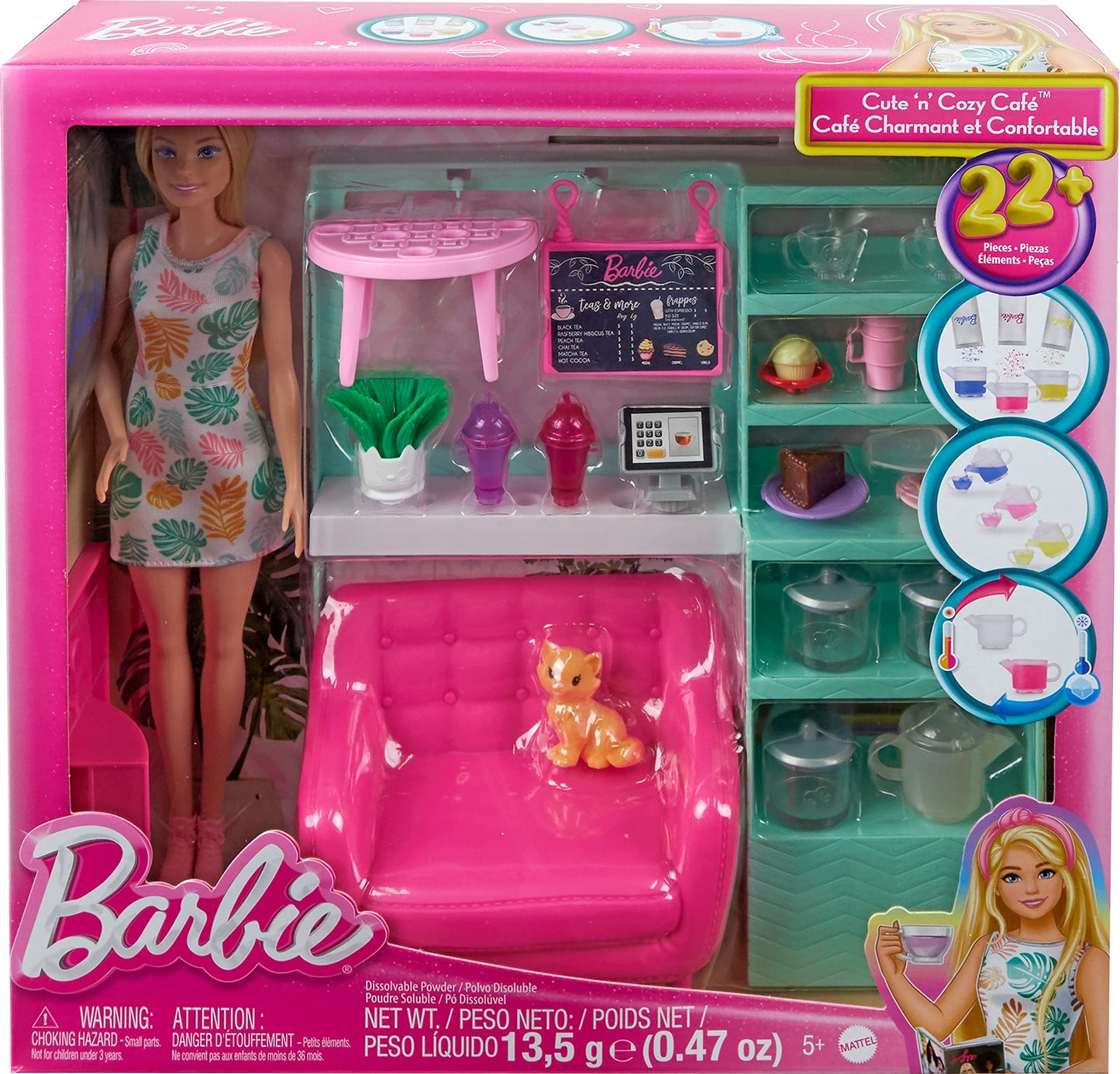 Barbie - Caffetteria Dolci Momenti, playset con teiera cambia colore, 1 gattino, mobili e 21+ accessori, giocattolo per bambini, 5+ anni, HKT94