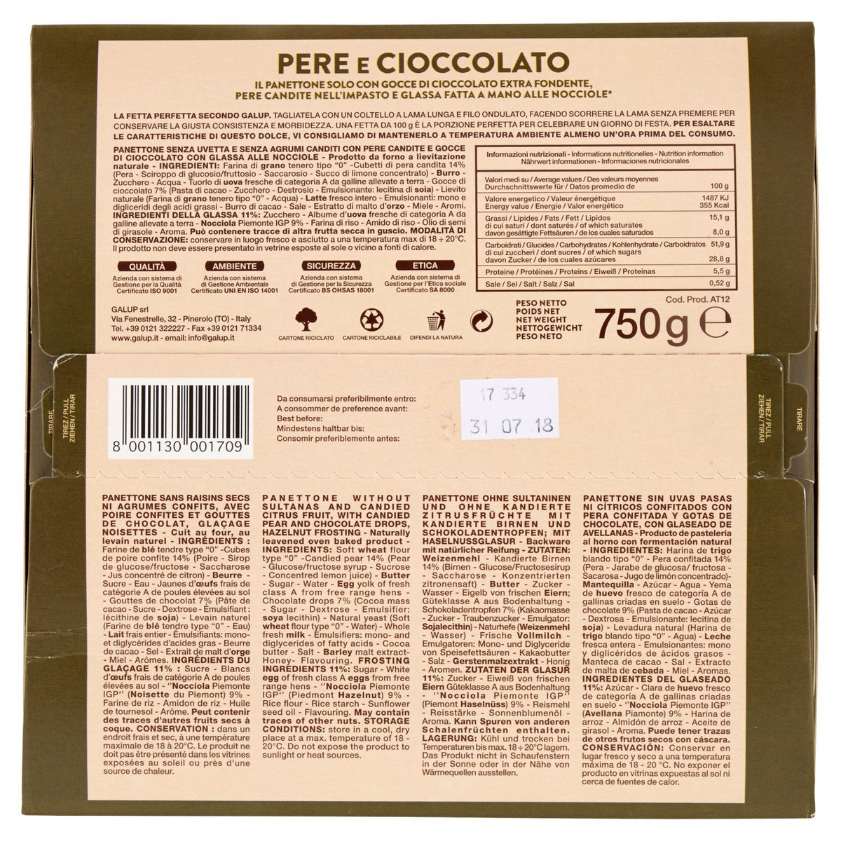 Galup NV16 Panettone Pere e Cioccolato, 750 Gr