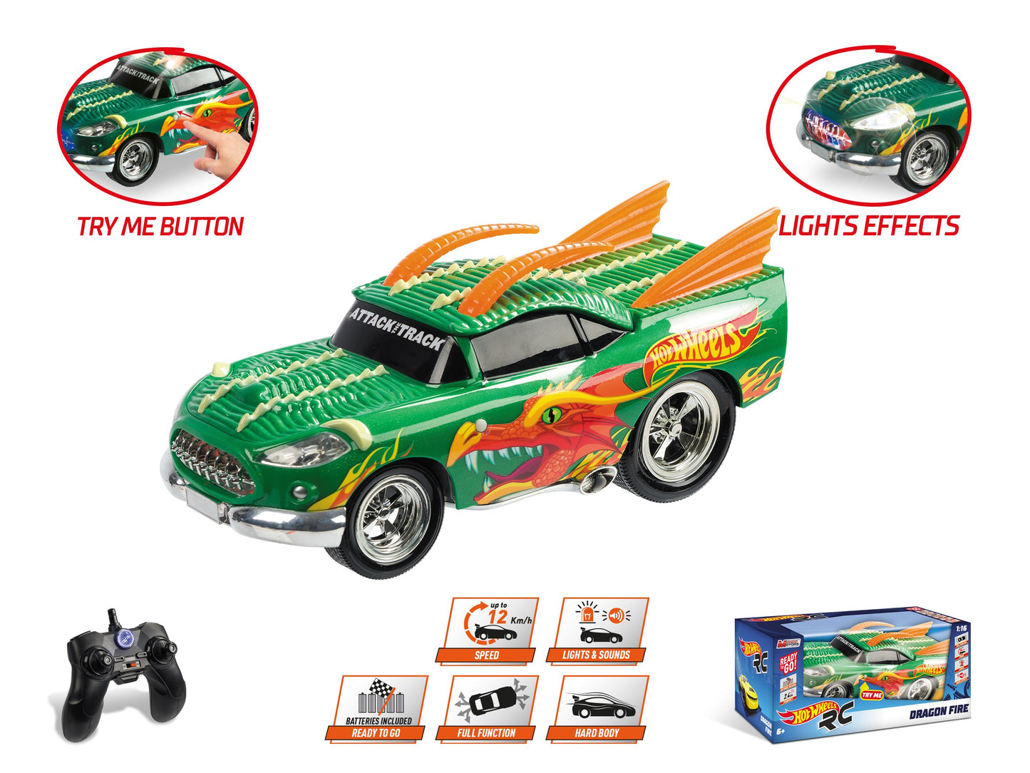 Mondo- Hot Wheels RC Dragon Veicolo Radiocomandato Scala 1:16, Colore Verde/Arancione/Giallo, 1899-12-31T01 00.000Z, 63506