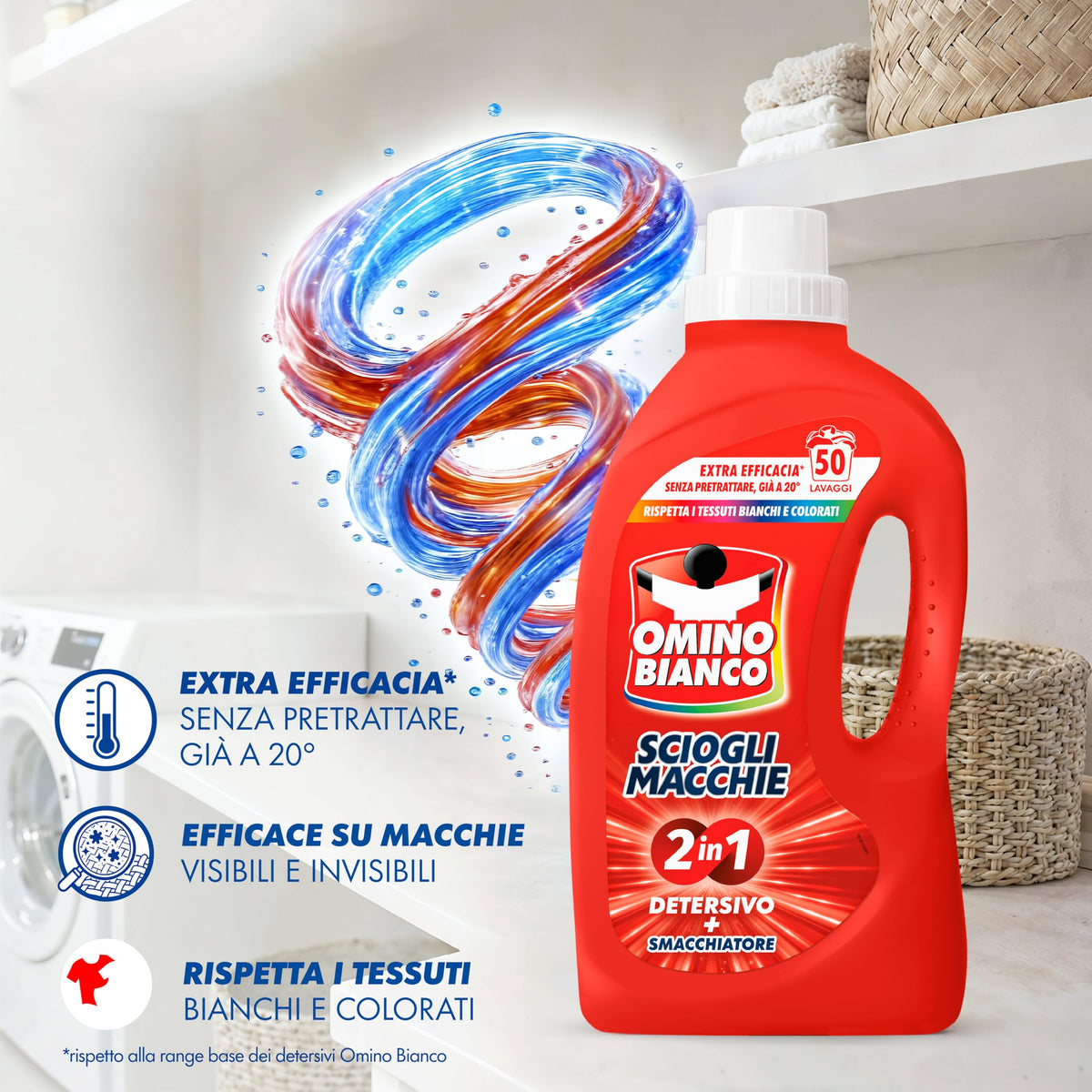 Omino Bianco - Detersivo Lavatrice Liquido Scioglimacchie 2in1, 50 Lavaggi, Rimuove Macchie Difficili, Rispetta Bianchi e Colorati, 2000 ml