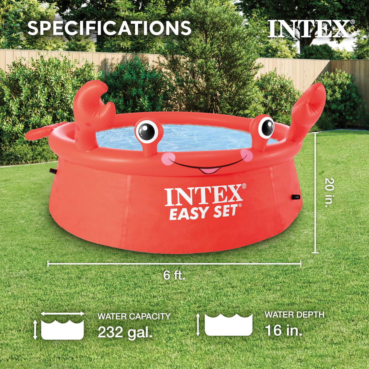 INTEX 26100EH Happy Crab Easy Set - Piscina gonfiabile, 1,8 x 50,8 cm, materiale resistente alle forature, gonfiaggio rapido, capacità 232 galloni, profondità acqua 40,6 cm